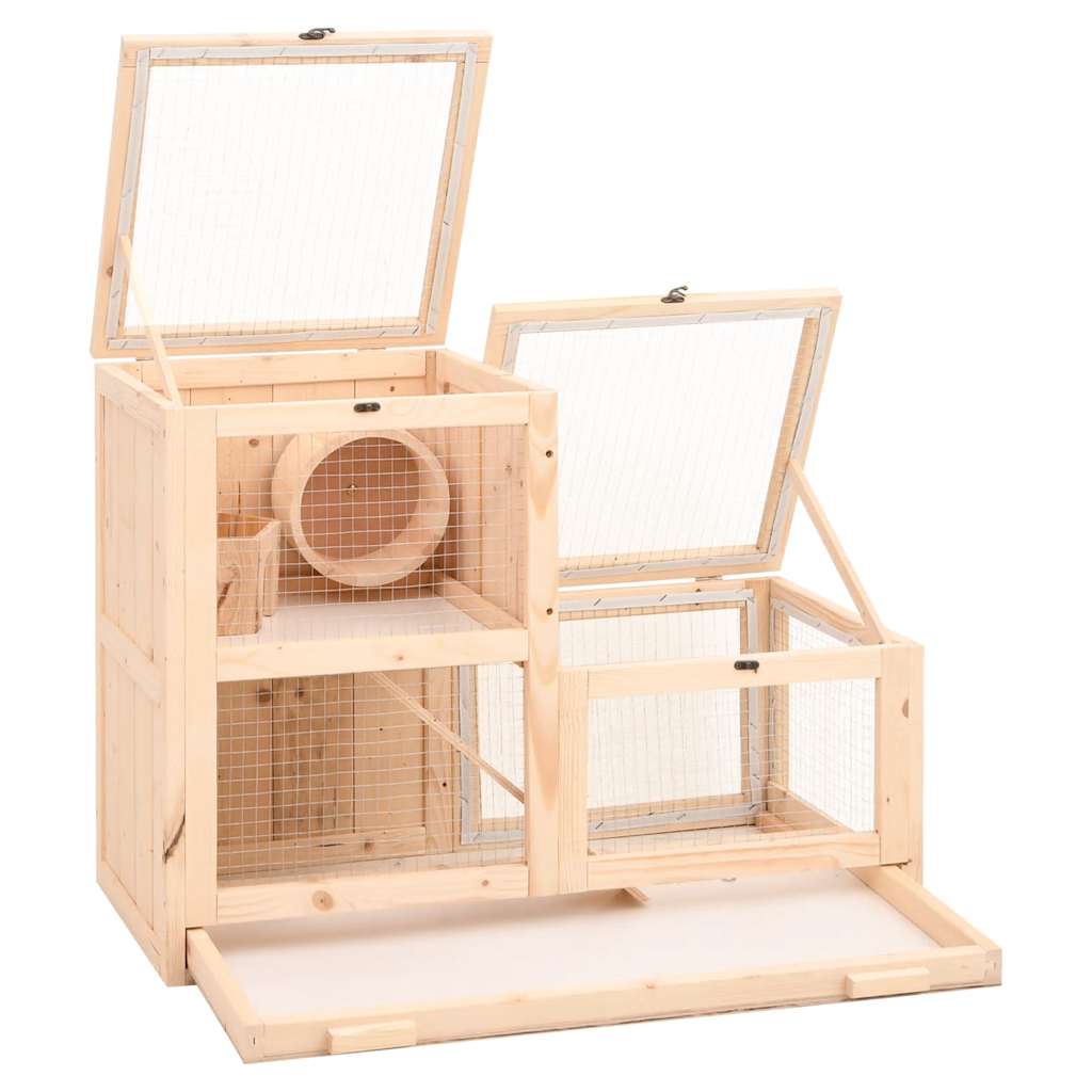 KFX-0810301 Two-Story Hamster Cage 81x40x60 cm with Solid Fir Wood, Exercise Wheel, and Easy Access Wire Mesh
