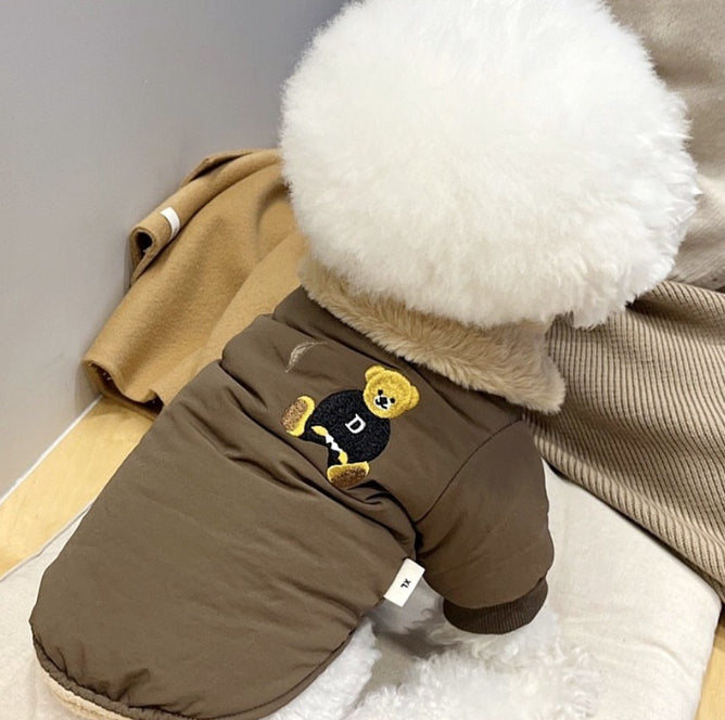 KFX-0813117 Thick Warm Jacket for Small Dogs and Cats, Autumn/Winter Apparel in Beige and Brown Bear Designs
