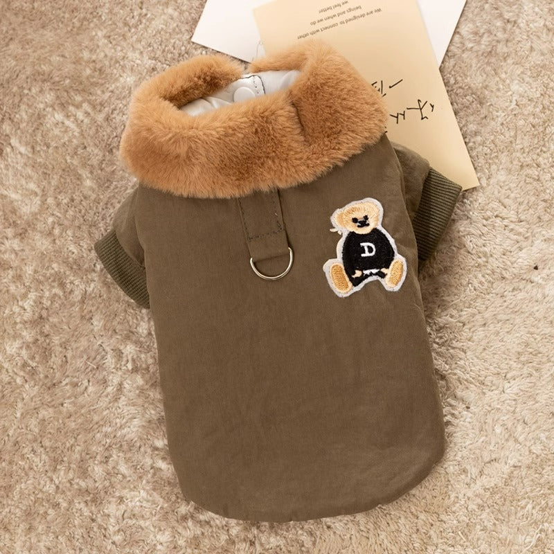 KFX-0813117 Thick Warm Jacket for Small Dogs and Cats, Autumn/Winter Apparel in Beige and Brown Bear Designs