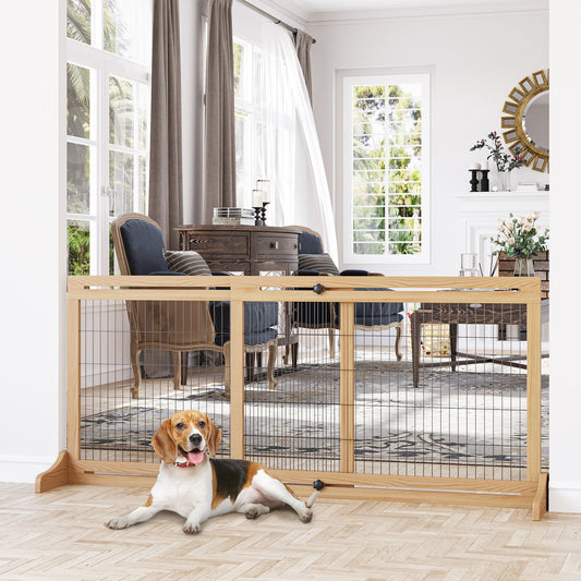 KFX-0825661 Extra Wide Freestanding Pet Gate, Adjustable Natural Pine Wood Barrier for Dogs and Cats, 41"-70.9" Long