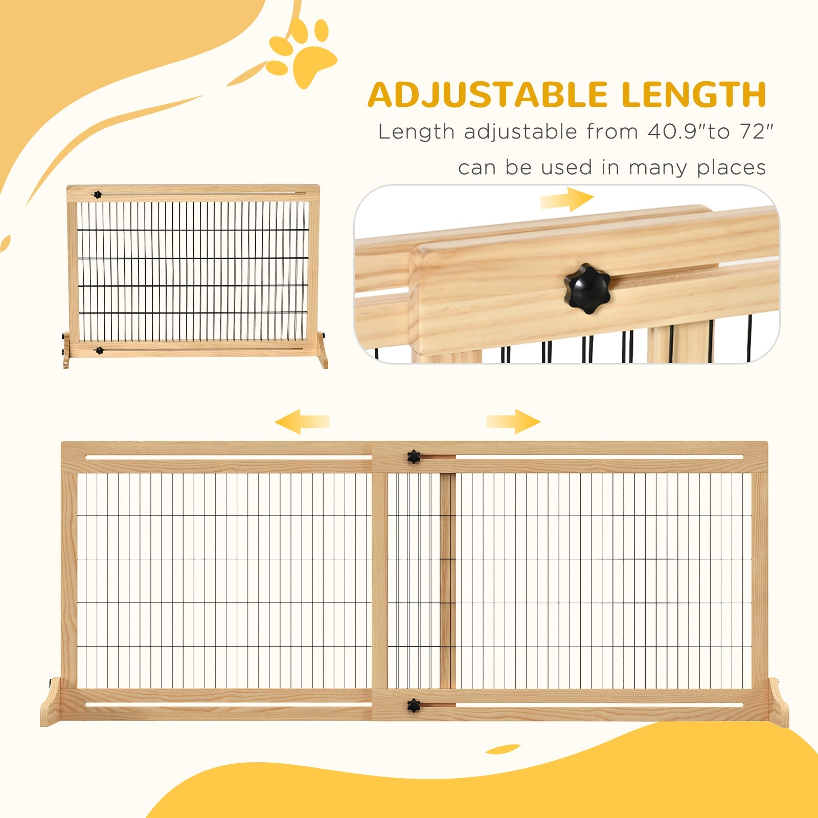 KFX-0825661 Extra Wide Freestanding Pet Gate, Adjustable Natural Pine Wood Barrier for Dogs and Cats, 41"-70.9" Long