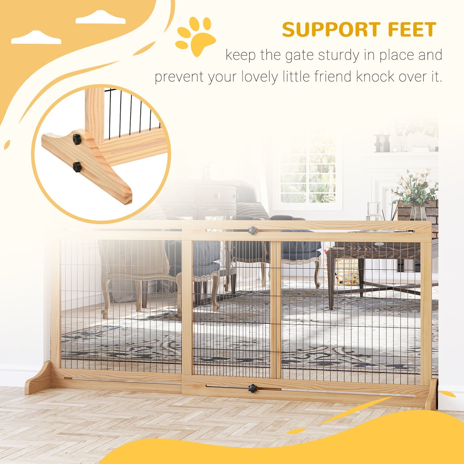 KFX-0825661 Extra Wide Freestanding Pet Gate, Adjustable Natural Pine Wood Barrier for Dogs and Cats, 41"-70.9" Long