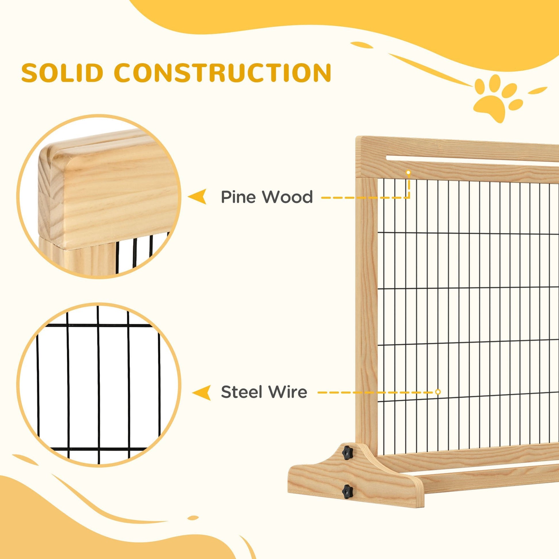 KFX-0825661 Extra Wide Freestanding Pet Gate, Adjustable Natural Pine Wood Barrier for Dogs and Cats, 41"-70.9" Long