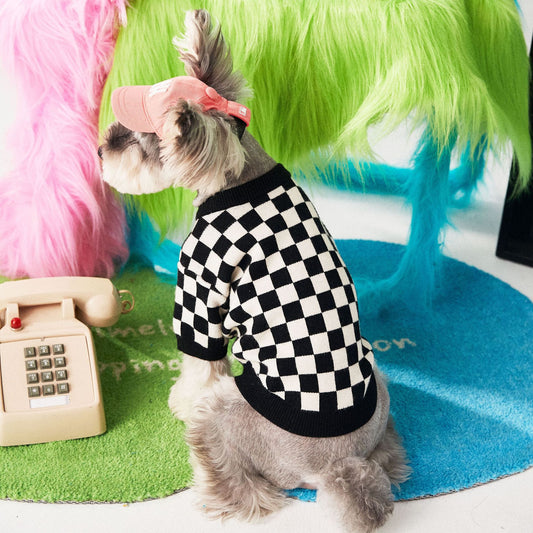 KFX-0827965 Checkerboard Knit Pullover Sweater for Pets - Black and White, Multiple Sizes Available