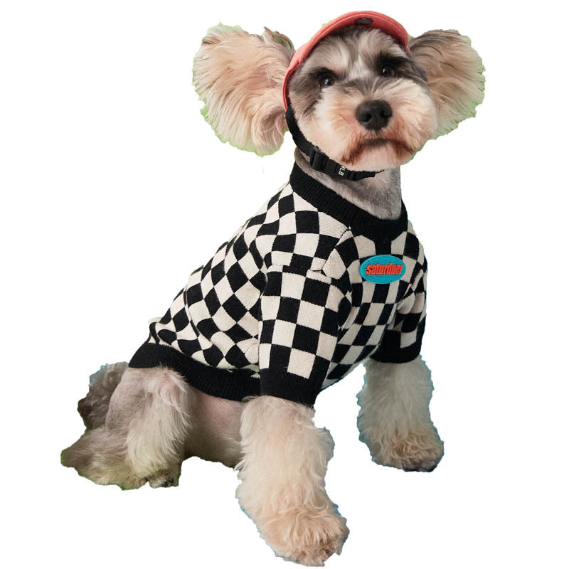 KFX-0827965 Checkerboard Knit Pullover Sweater for Pets - Black and White, Multiple Sizes Available