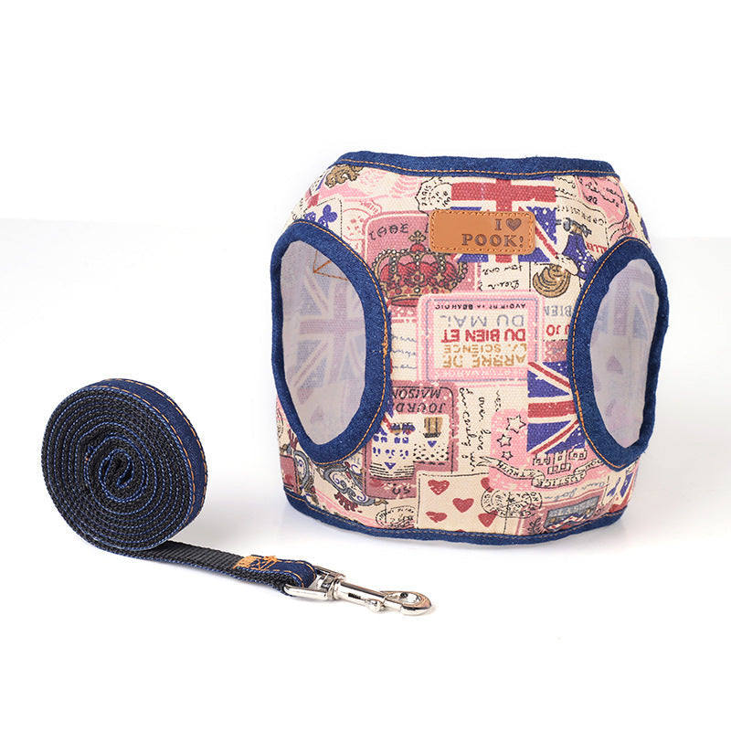 KFX-0829757 Vest Style Denim Dog Leash with Breathable Fabric and Fashionable Design