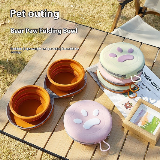 KFX-0830141 Integrated Folding Pet Double Bowl with Eco-Friendly Silicone in Brown, Beige, Pink, and Rice Colors