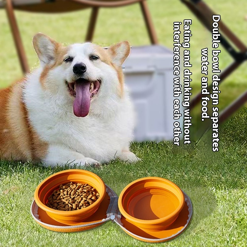 KFX-0830141 Integrated Folding Pet Double Bowl with Eco-Friendly Silicone in Brown, Beige, Pink, and Rice Colors