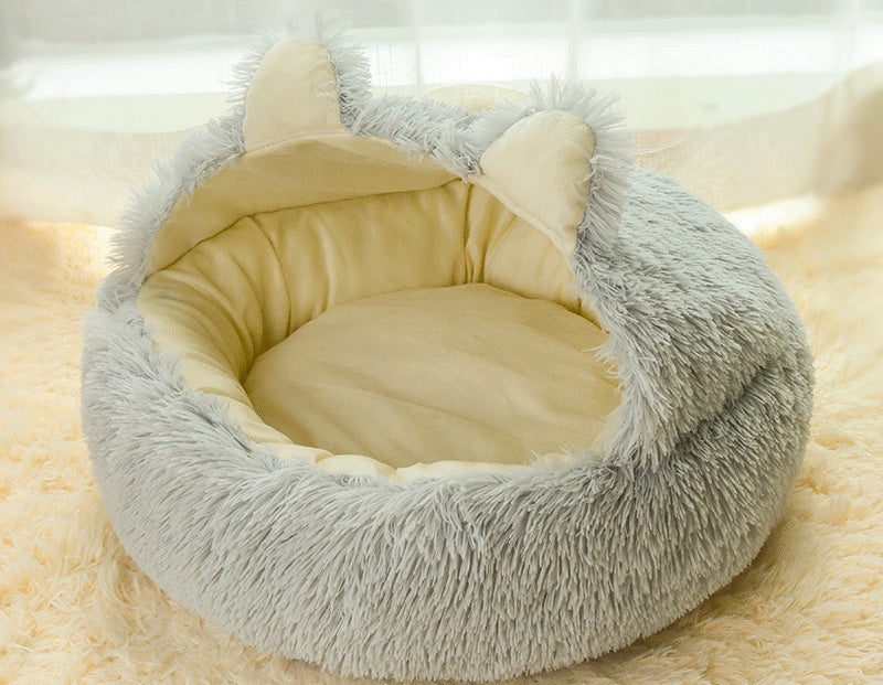 KFX-0839741 Cozy Cotton Deep Sleep Nest for Cats and Small Dogs - Semi-closed Design in Gray, Green, and Coffee Colors