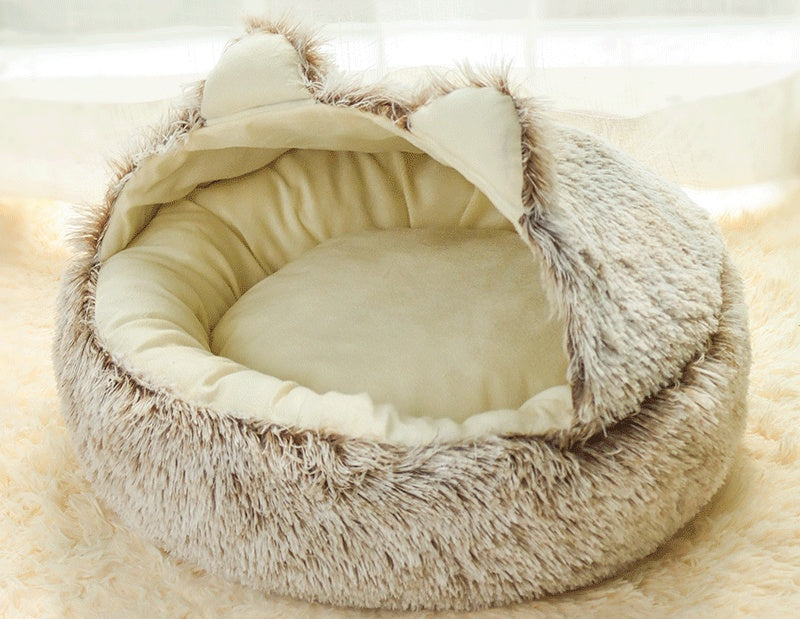 KFX-0839741 Cozy Cotton Deep Sleep Nest for Cats and Small Dogs - Semi-closed Design in Gray, Green, and Coffee Colors