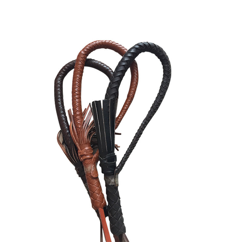 KFX-0842301 Portable Full Leather Woven Horsewhip - Brown Cowhide, 85 cm