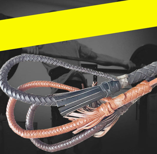 KFX-0842301 Portable Full Leather Woven Horsewhip - Brown Cowhide, 85 cm