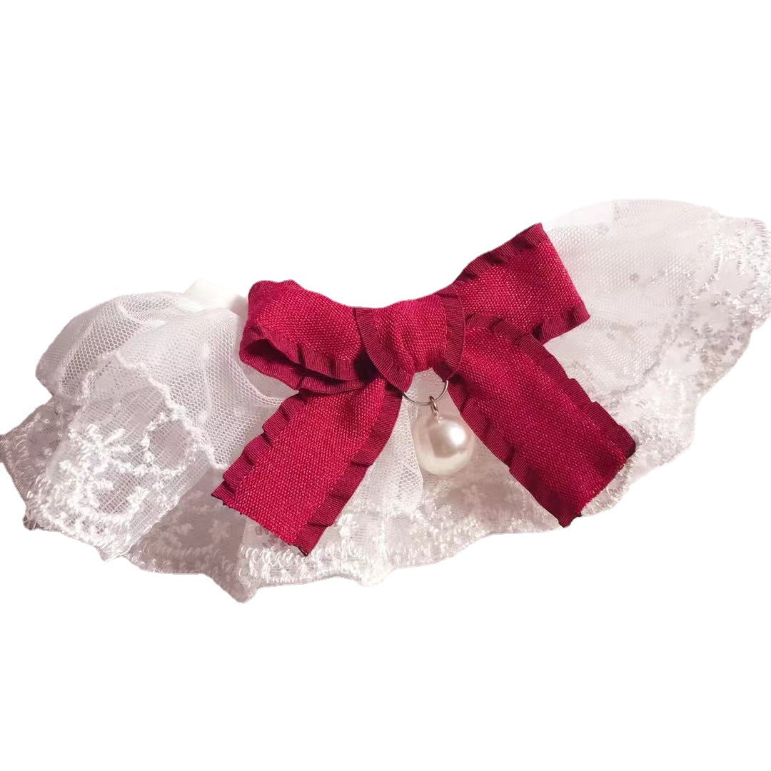 KFX-0843709 Lace Pet Bib for Cats and Dogs - Seasonal Nylon Towel, Wine Red & Dark Green in Various Sizes