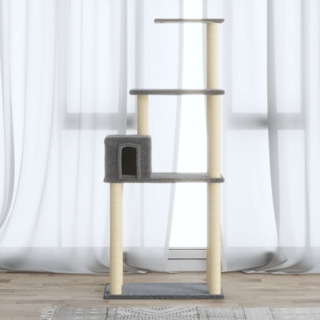 KFX-0850493 Light Gray Cat Tree with Sisal Scratching Posts - 147 cm High for Climbing, Scratching, and Resting
