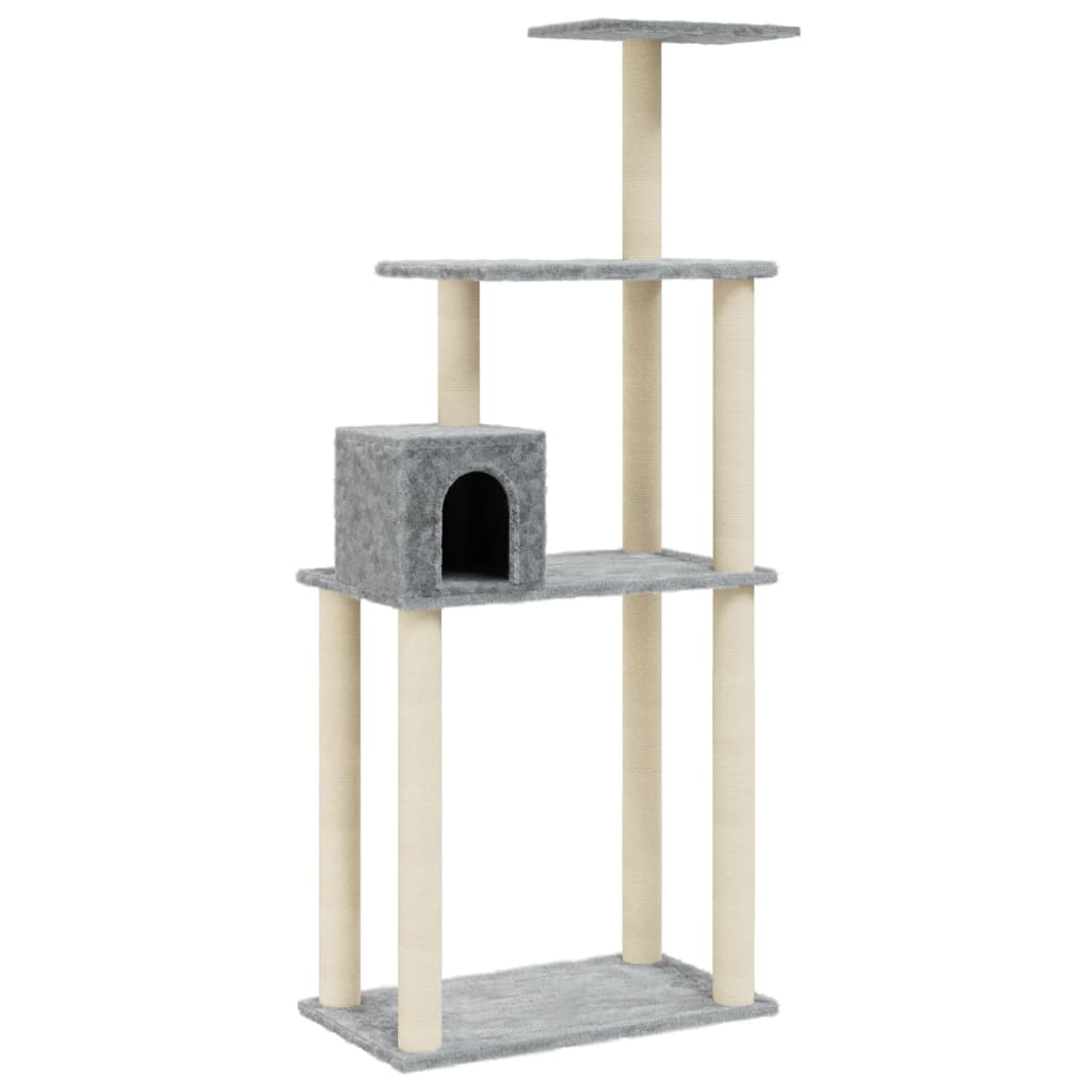 KFX-0850493 Light Gray Cat Tree with Sisal Scratching Posts - 147 cm High for Climbing, Scratching, and Resting