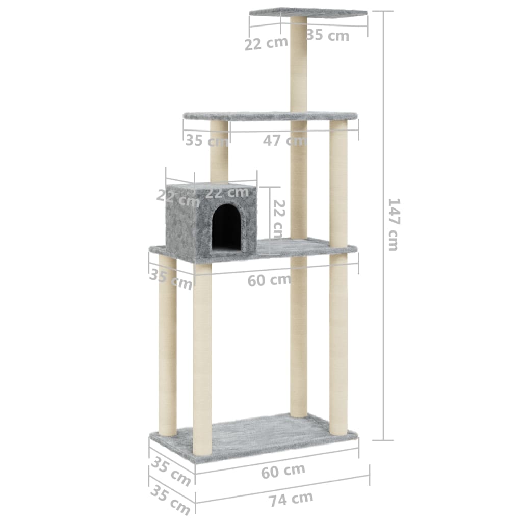 KFX-0850493 Light Gray Cat Tree with Sisal Scratching Posts - 147 cm High for Climbing, Scratching, and Resting