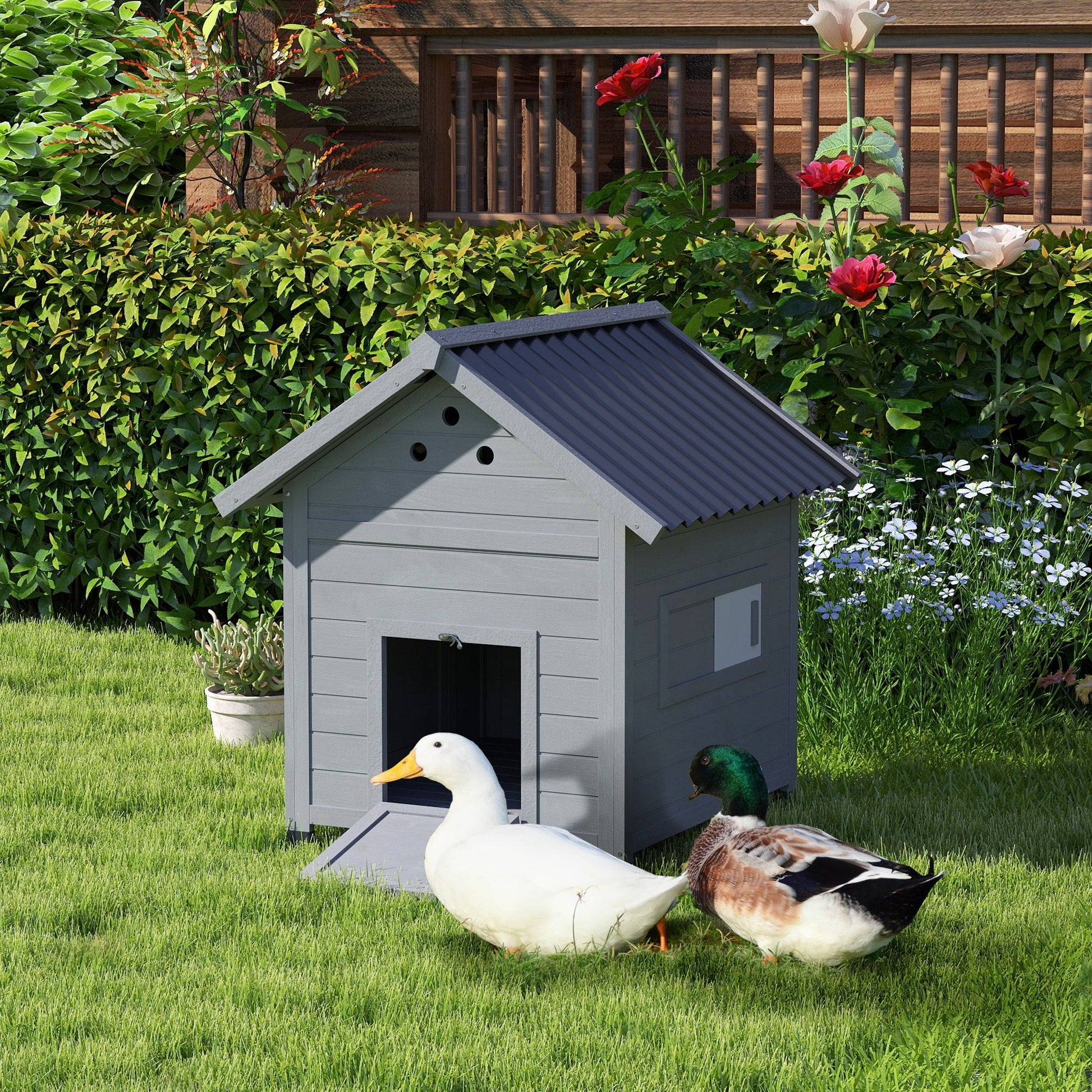 KFX-0850877 Wooden Duck House with Openable Roof & Double Doors, Light Gray Finish, Ideal for 3 Ducks