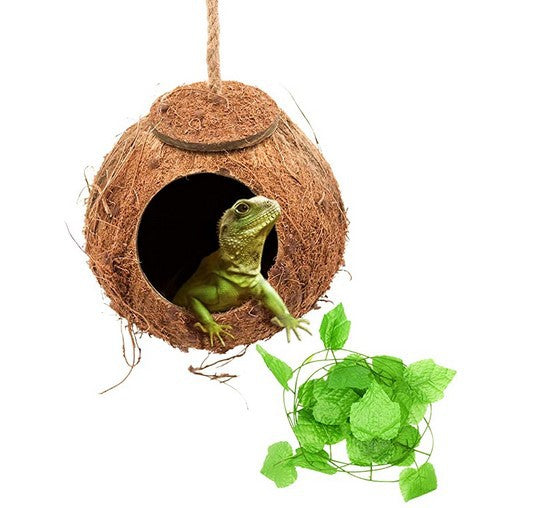 KFX-0857021 Coconut Shell Nest and Vine Set for Climbing Reptiles, 2.3m Vine with Natural Hairy Nest