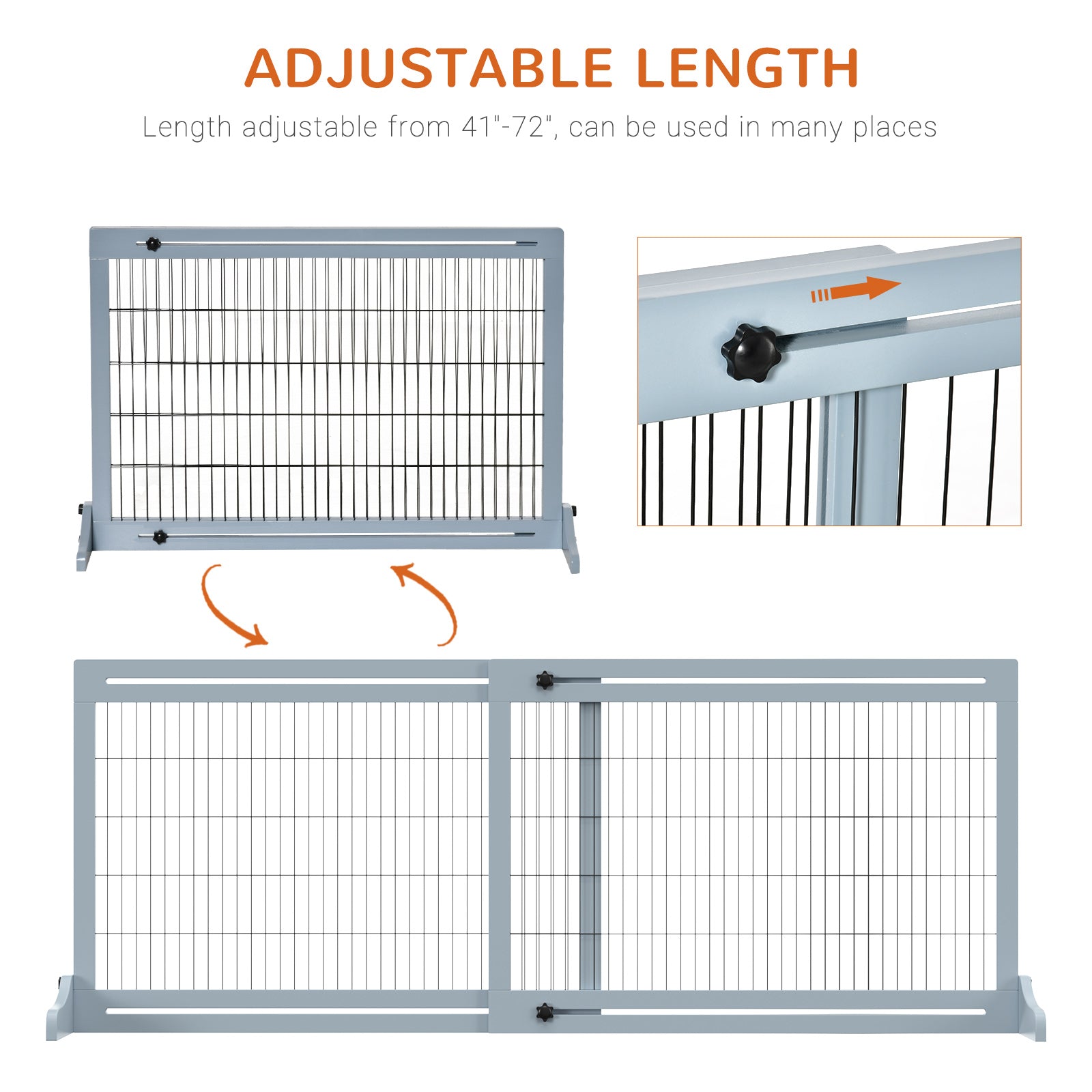 KFX-0858429 Extra Wide Freestanding Pet Gate for Dogs and Cats, Adjustable Length Blue-Gray Wooden Barrier for Doorways and Hallways