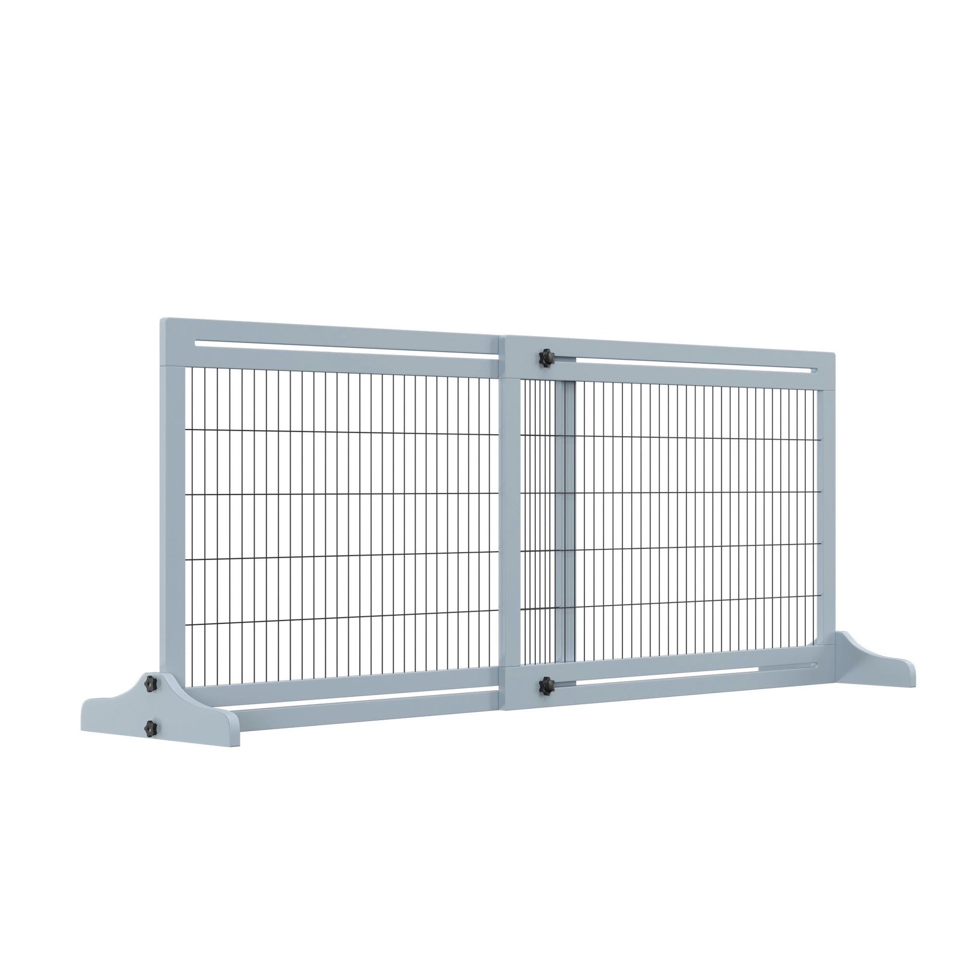 KFX-0858429 Extra Wide Freestanding Pet Gate for Dogs and Cats, Adjustable Length Blue-Gray Wooden Barrier for Doorways and Hallways