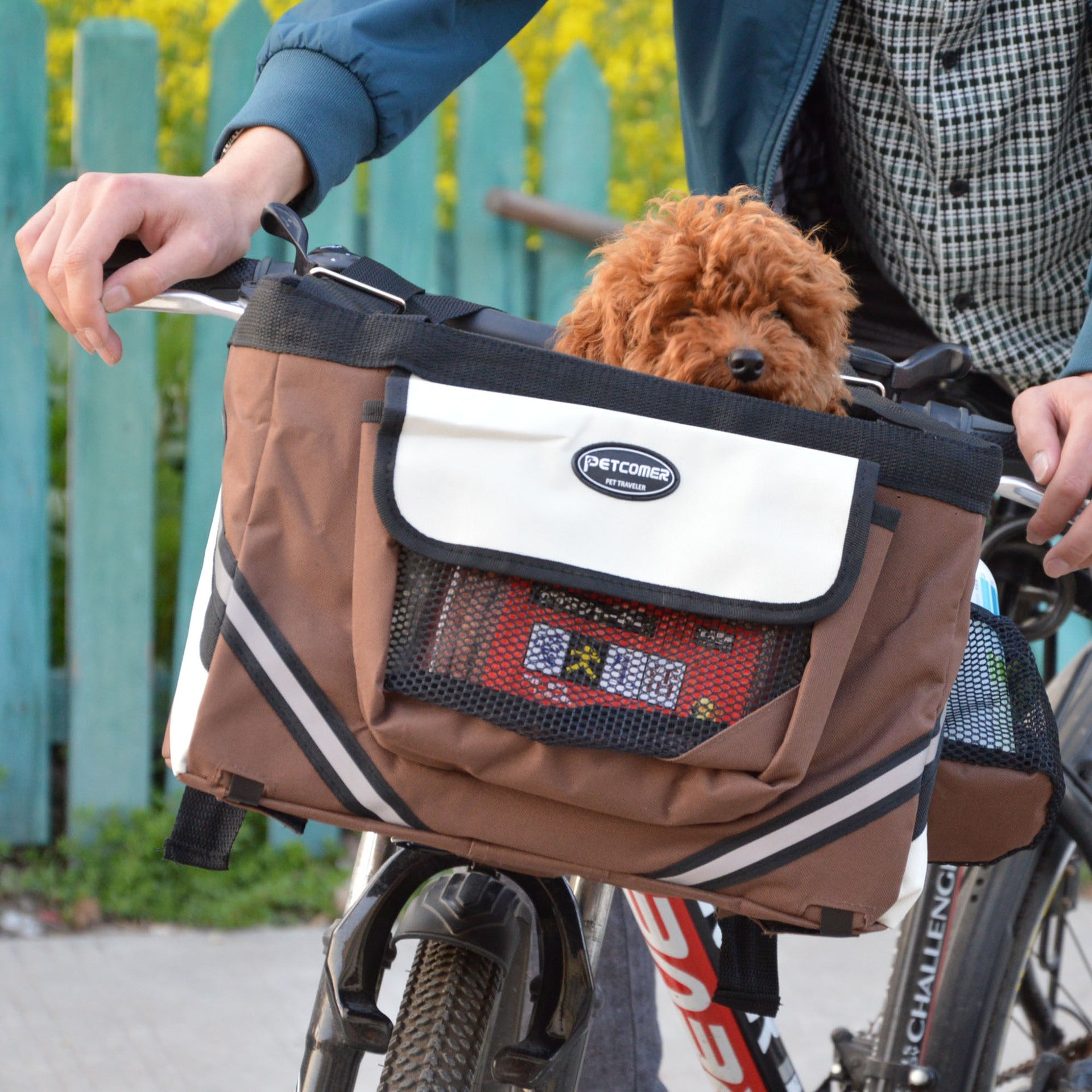 KFX-0870717 Pet Bicycle Carrier Bag for Small Dogs and Cats - Removable Front Basket with Safety Hook, Reflective Strips, and Mesh Pockets
