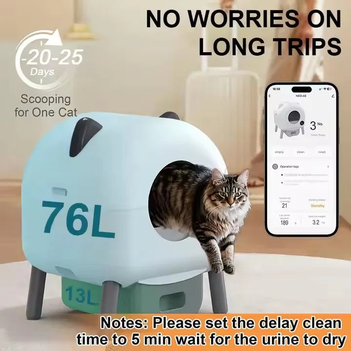 KFX-087187 Smart Self-Cleaning Cat Litter Box with WiFi Odor Control - 76L Capacity, Round Design