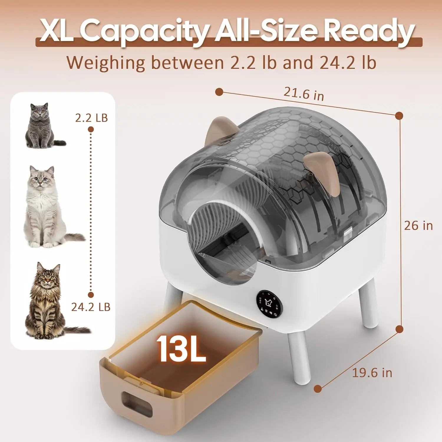 KFX-087187 Smart Self-Cleaning Cat Litter Box with WiFi Odor Control - 76L Capacity, Round Design
