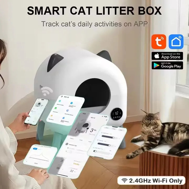 KFX-087187 Smart Self-Cleaning Cat Litter Box with WiFi Odor Control - 76L Capacity, Round Design