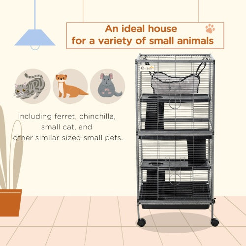 KFX-0877885 Rolling Large Ferret Cage with 5 Tiers, Hammock, Removable Tray, and Heavy-Duty Steel Frame