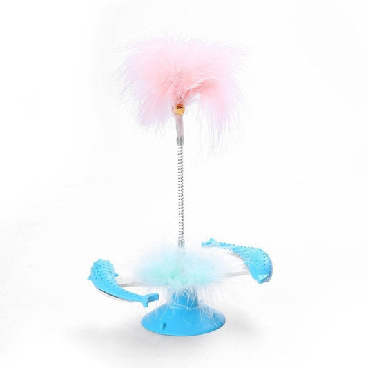 KFX-0878013 Rotating Feather Windmill Cat Toy with Suction Cup - Blue Plastic Cat Engager