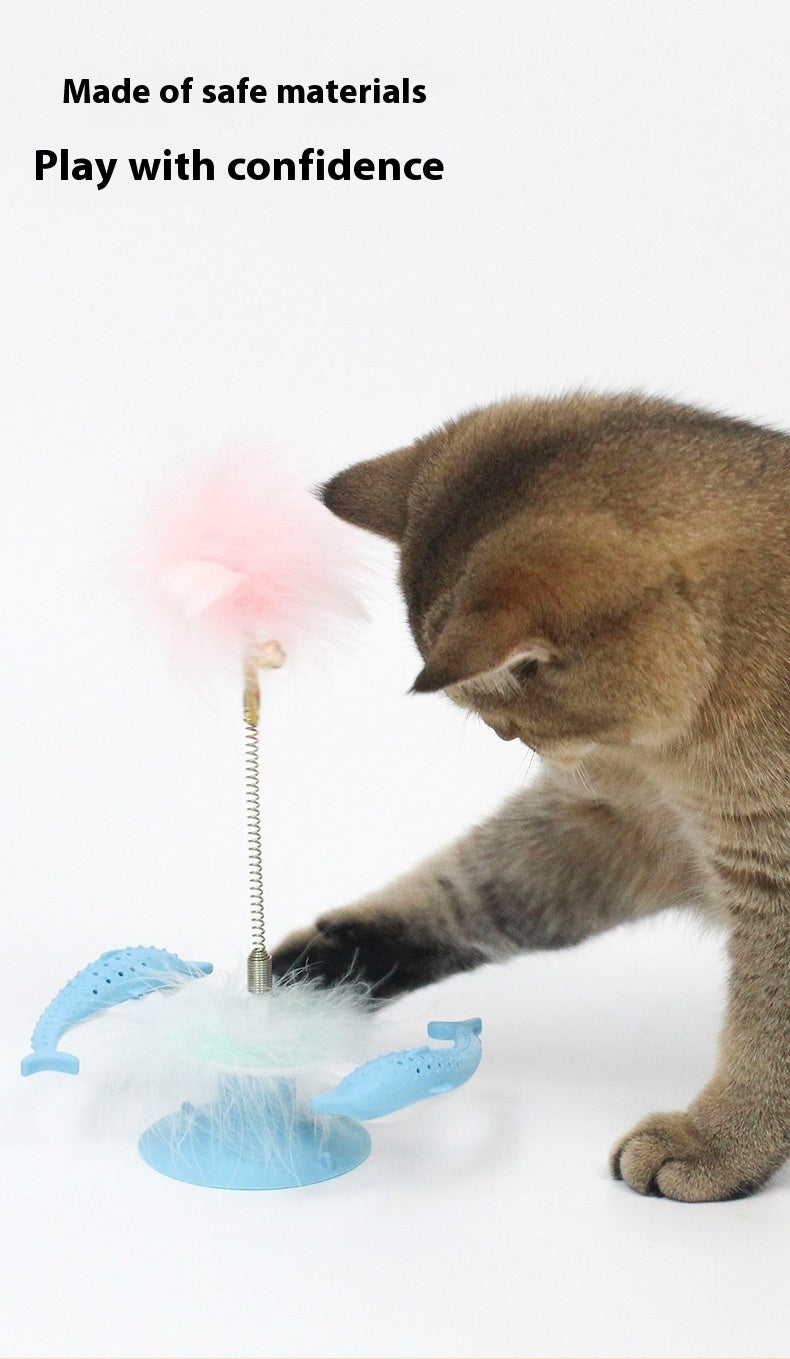 KFX-0878013 Rotating Feather Windmill Cat Toy with Suction Cup - Blue Plastic Cat Engager