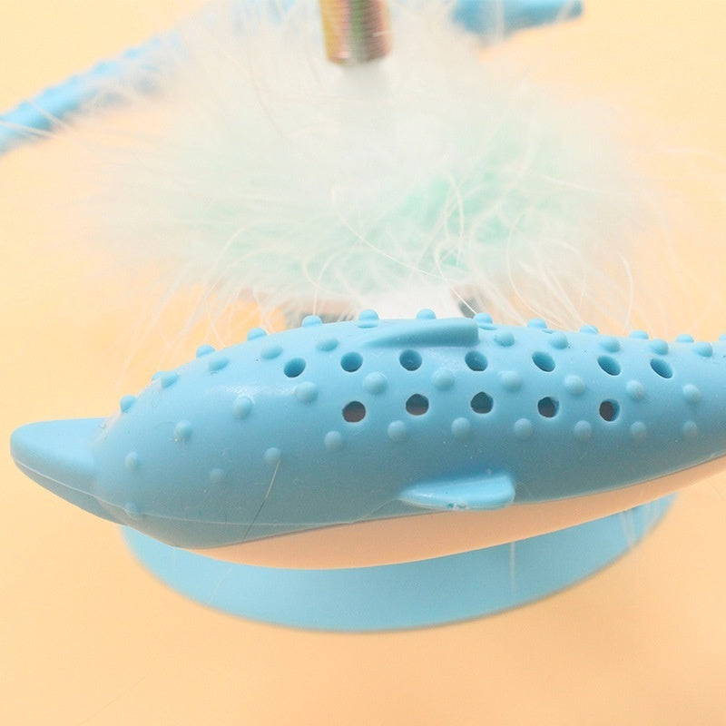 KFX-0878013 Rotating Feather Windmill Cat Toy with Suction Cup - Blue Plastic Cat Engager