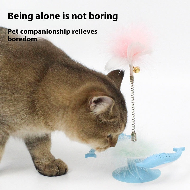 KFX-0878013 Rotating Feather Windmill Cat Toy with Suction Cup - Blue Plastic Cat Engager