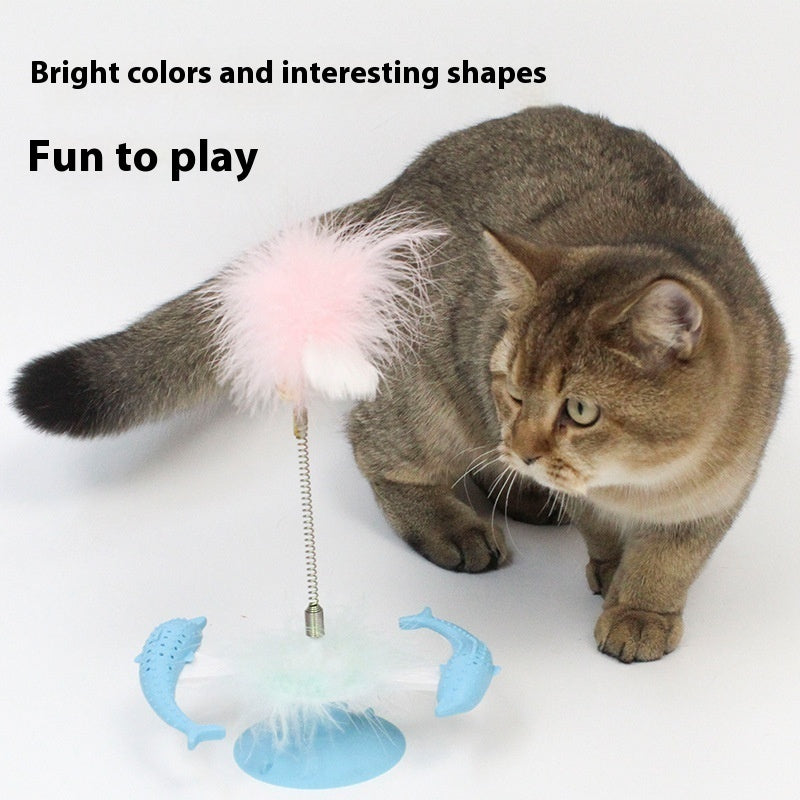 KFX-0878013 Rotating Feather Windmill Cat Toy with Suction Cup - Blue Plastic Cat Engager
