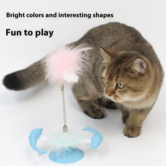 KFX-0878013 Rotating Feather Windmill Cat Toy with Suction Cup - Blue Plastic Cat Engager