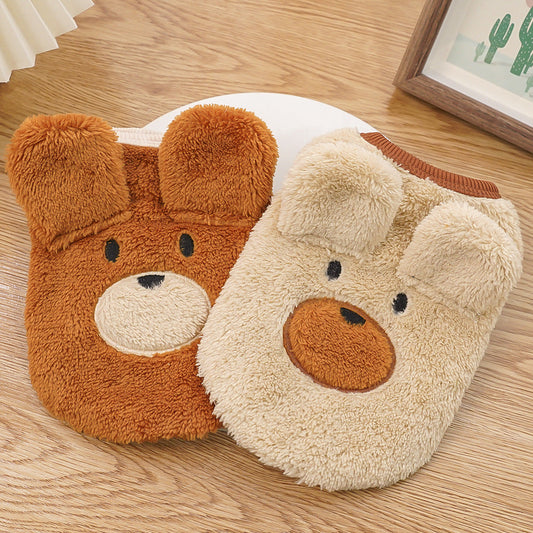 KFX-0879805 Fleece-Lined Dog Coat with Bear Ears - Warm Pet Clothing in Cream