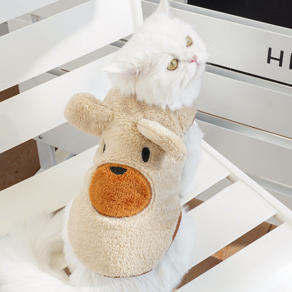 KFX-0879805 Fleece-Lined Dog Coat with Bear Ears - Warm Pet Clothing in Cream