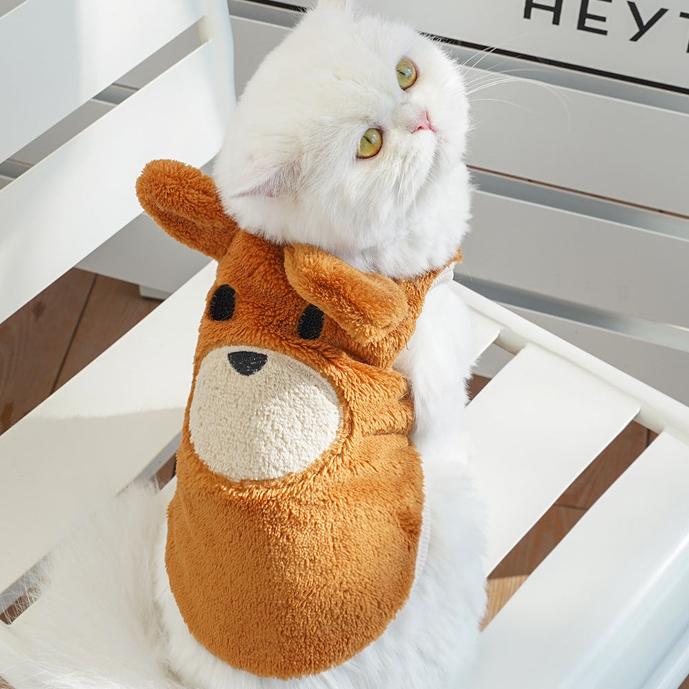 KFX-0879805 Fleece-Lined Dog Coat with Bear Ears - Warm Pet Clothing in Cream