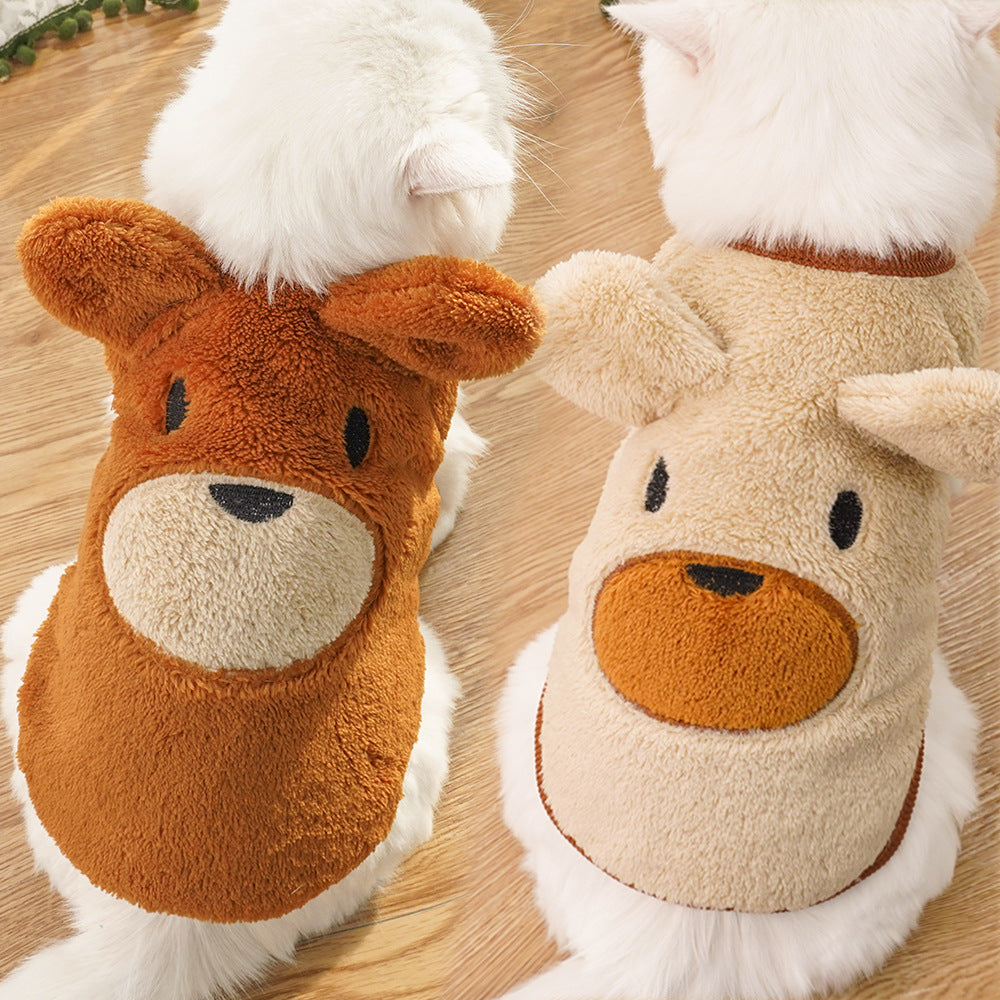 KFX-0879805 Fleece-Lined Dog Coat with Bear Ears - Warm Pet Clothing in Cream