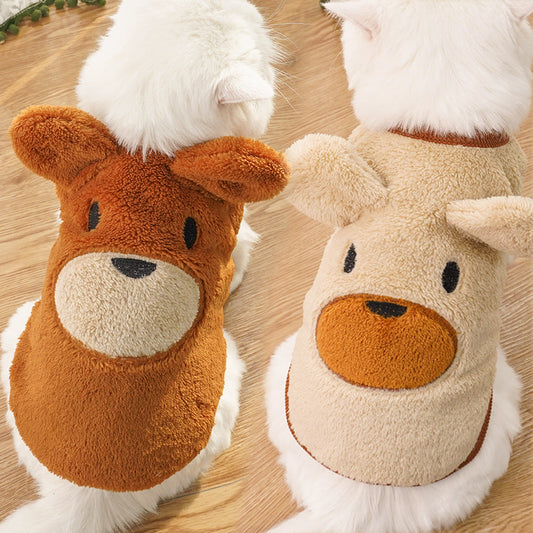 KFX-0879805 Fleece-Lined Dog Coat with Bear Ears - Warm Pet Clothing in Cream