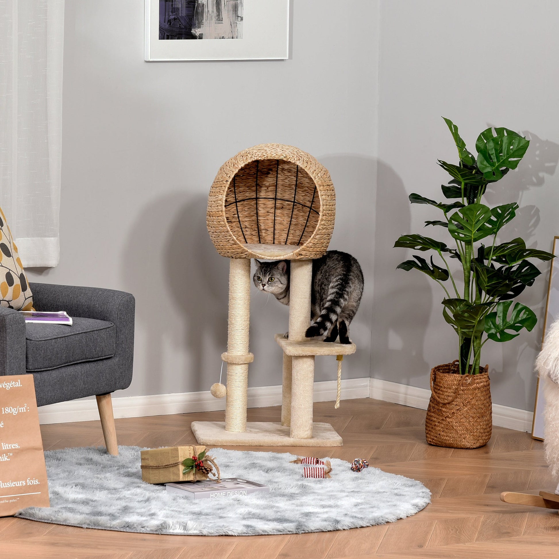 KFX-0883261 Beige Cat Tree with Sisal Scratching Post, Condo, and Multi-Level Design for Play and Relaxation
