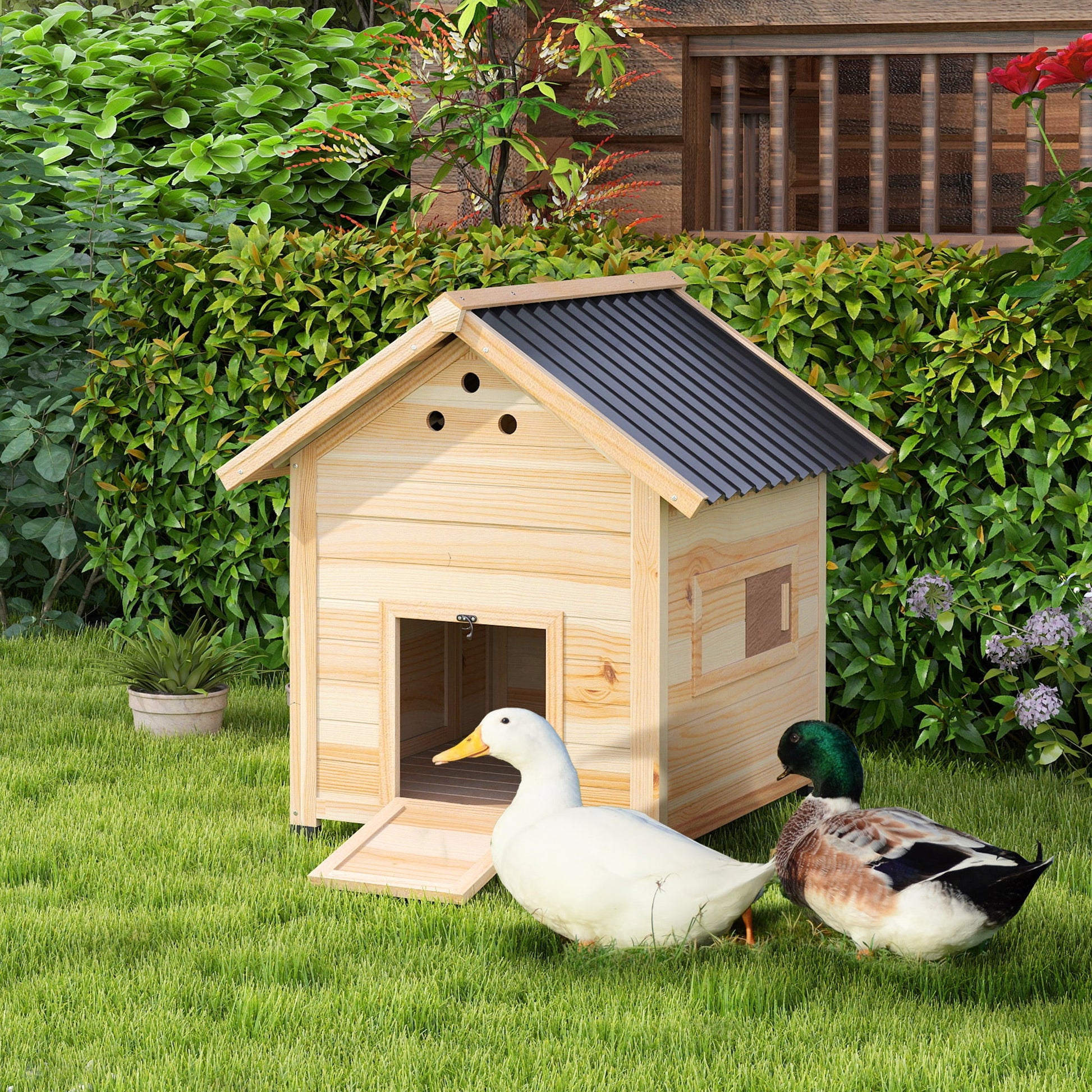 KFX-0883645 Wooden Duck House with Openable Roof, Double Doors & Natural Wood Finish