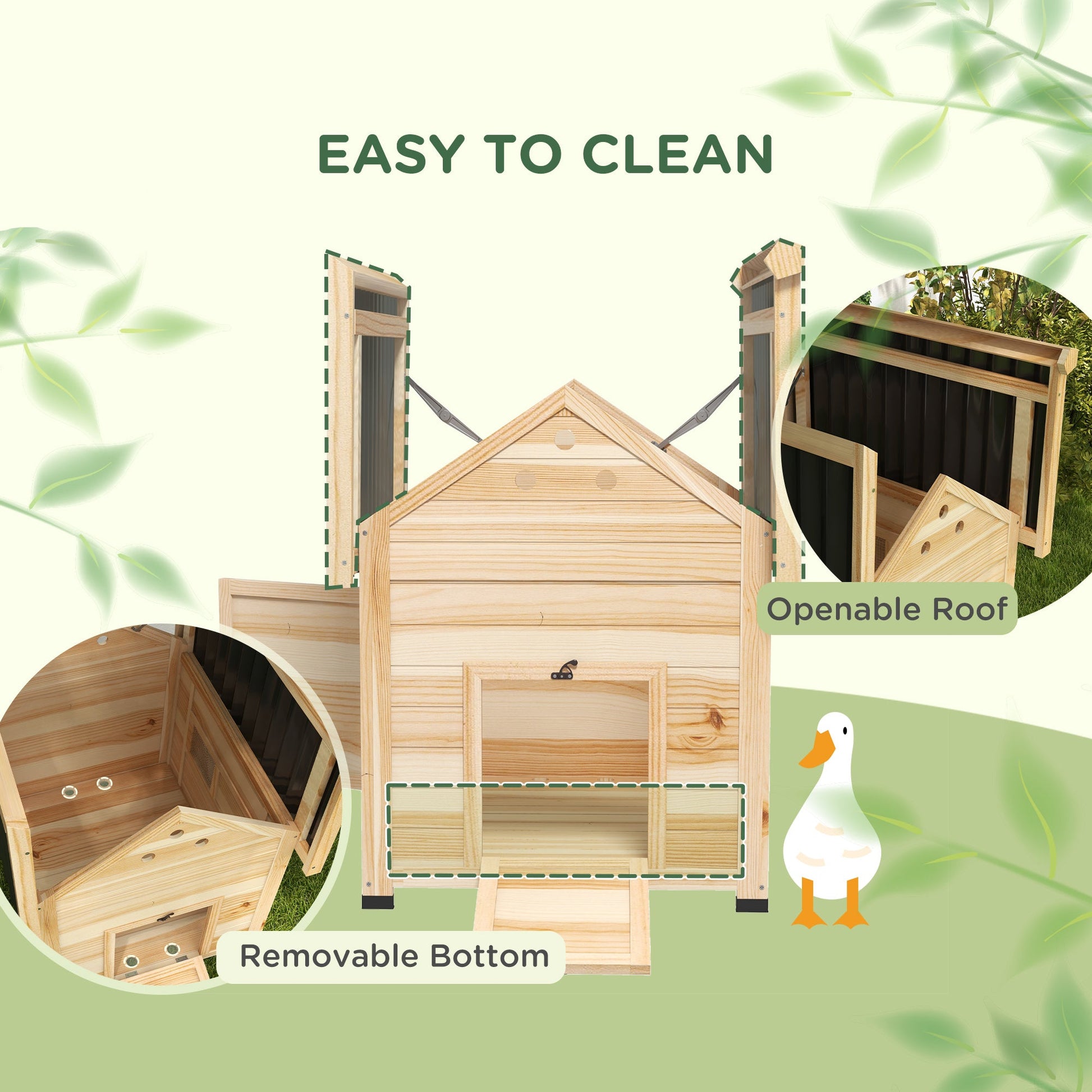 KFX-0883645 Wooden Duck House with Openable Roof, Double Doors & Natural Wood Finish