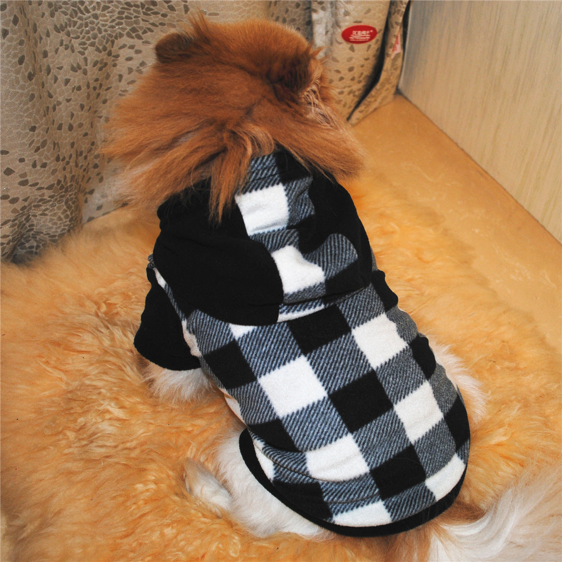 KFX-0885053 Cozy Fleece Winter Dog Sweater with Hood in Black and White Grid Pattern