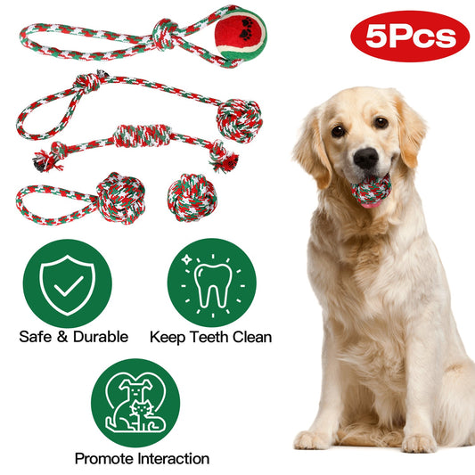 KFX-0888381 Set of 5 Holiday-Themed Dog Rope Chew Toys for Interactive Play and Dental Health