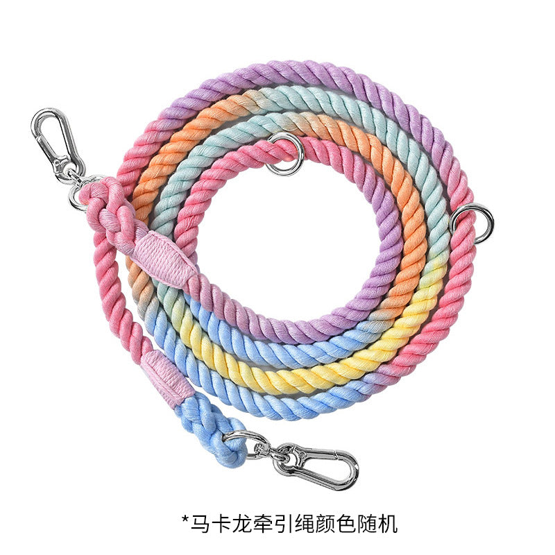 KFX-0889533 Woven Rainbow Multi-functional Dog Leash with Hand Holding Rope and Double Head Design