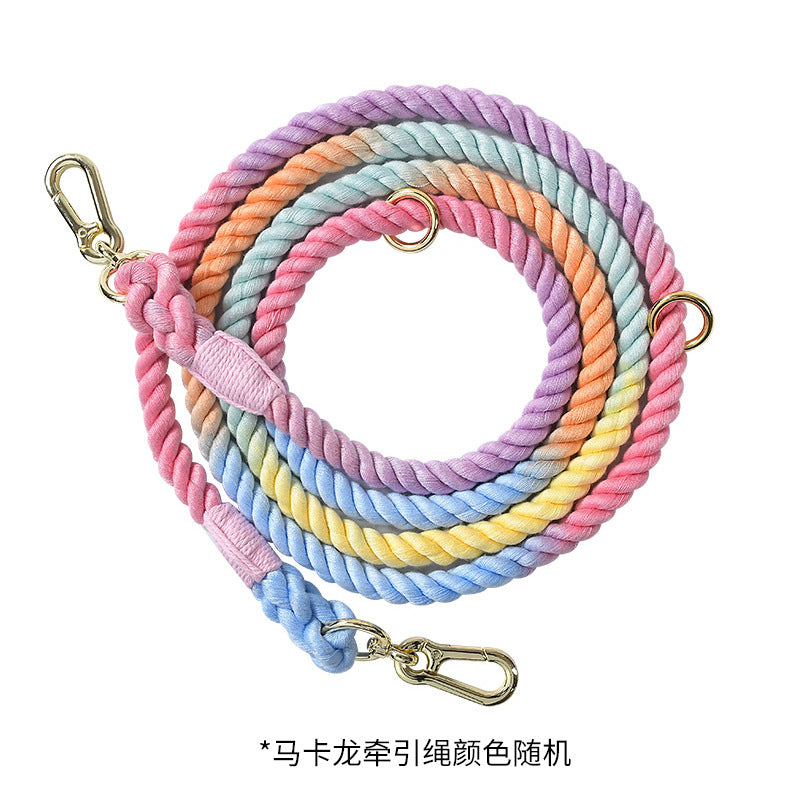 KFX-0889533 Woven Rainbow Multi-functional Dog Leash with Hand Holding Rope and Double Head Design