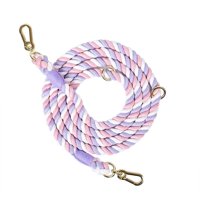 KFX-0889533 Woven Rainbow Multi-functional Dog Leash with Hand Holding Rope and Double Head Design