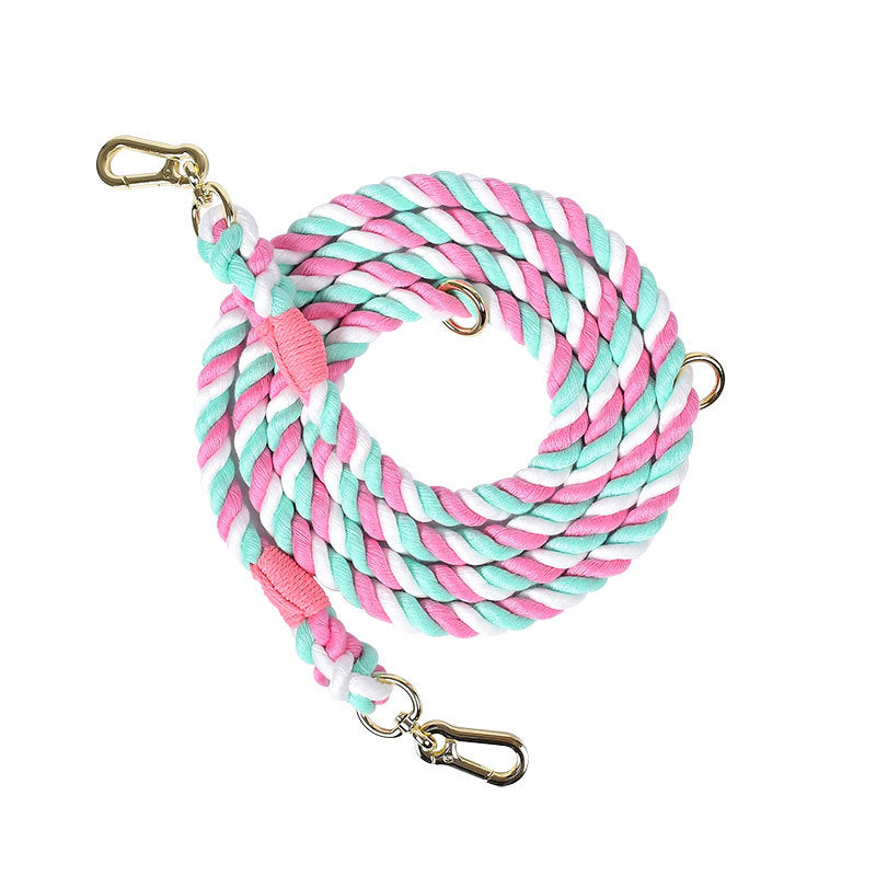 KFX-0889533 Woven Rainbow Multi-functional Dog Leash with Hand Holding Rope and Double Head Design