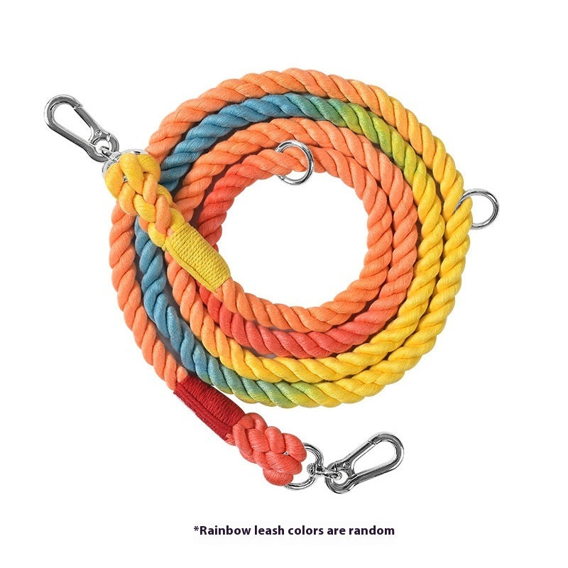 KFX-0889533 Woven Rainbow Multi-functional Dog Leash with Hand Holding Rope and Double Head Design